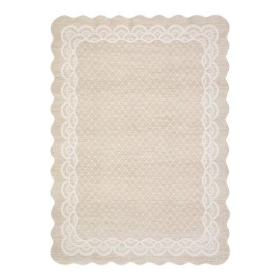 Machine Washable Scalloped Area Rugs Modern Bordered Floor Mats, Non-Slip Contemporary Accent Rug, Non Shedding Soft Low Pile Indoor Carpet for Living Room, Bedroom, Kitchen