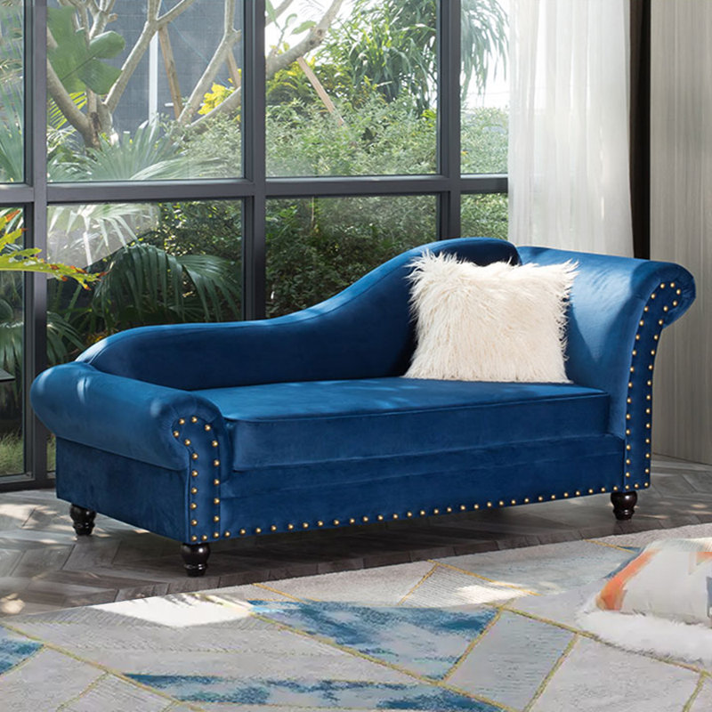 Méridiennes spacieuses pour l'intérieur, pieds robustes en bois, Bleu foncé, Accoudoir à droite (vu de face)