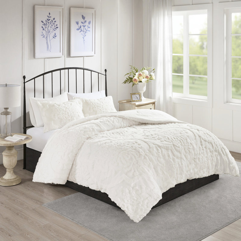 Édredon 3 pièces très grand / très grand - Chenille de coton, rembourrage doux et confortable, charme rétro, Blanc cassé