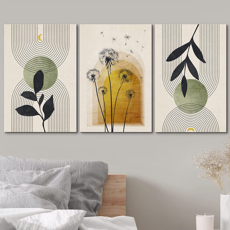 Mid Century Modern Boho "Vibrant Green Yellow Abstract Dandelion Artwork, Modern Chic Living Room Wall Pictures, Large Framed Canvas Giclee Print 3 Pieces Wall Art Set"  16"x24"x3 pcs, 24"x36"x3 pcs