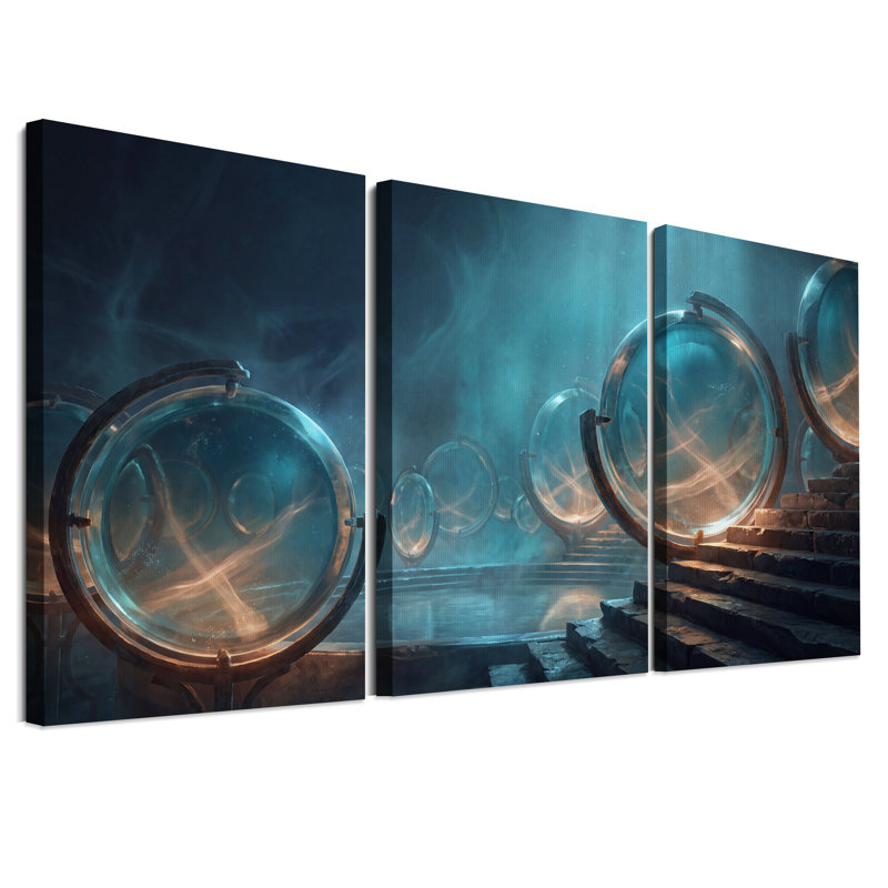 Ensemble de 3 orbes en verre avec lumière tourbillonnante sur marches en pierre, H 18 po x l 12 po x 3 pièces