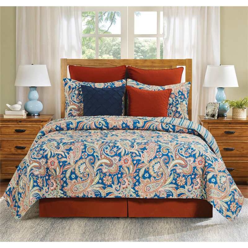 Marla Blue/Orange Cotton Reversible Quilt Set, Queen Quilt + 2 Standard Shams