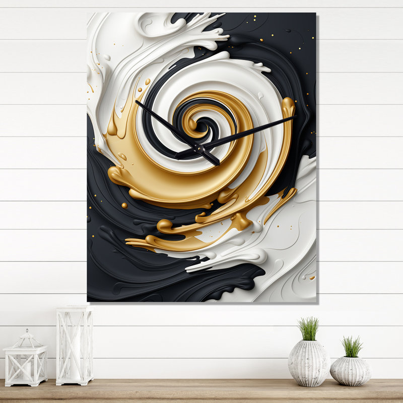 Liquid Gold Black & White Textured Spiral Magic I - Abstract Spirals Modern Wall Clock, 28" H x 12" W x 1" D