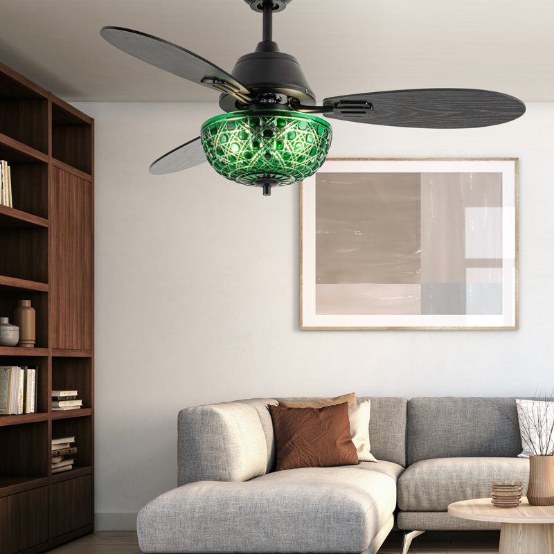 42"W Brynn LED Indoor Green Hand-Cut Glass Globe Shade Ceiling Fan With Remote Control, Black