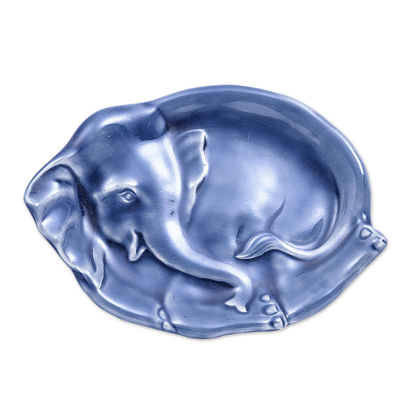 Bungalow Rose Handmade Elephant At Rest In Blue Celadon Ceramic Plate