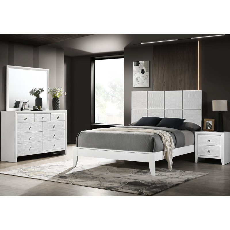 Contemporary Queen Size Bed, Geometric Panelling Headboard, White Finish, Textured Front Panels, Wood Bedroom Design, Bed Frame,