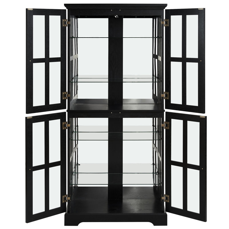 Black Glass Showcase With Adjustable Shelves, Elegant Metal Handles, And Lighting For Bedroom, Black