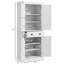Garde-manger autoportant de 72,5 po avec 4 portes, un tiroir et 3 tablettes réglables dans une armoire à finition grain de bois blanc, blanc et pour divers articles. Pièce de style traditionnel. Capacité de tablette de 22 lb