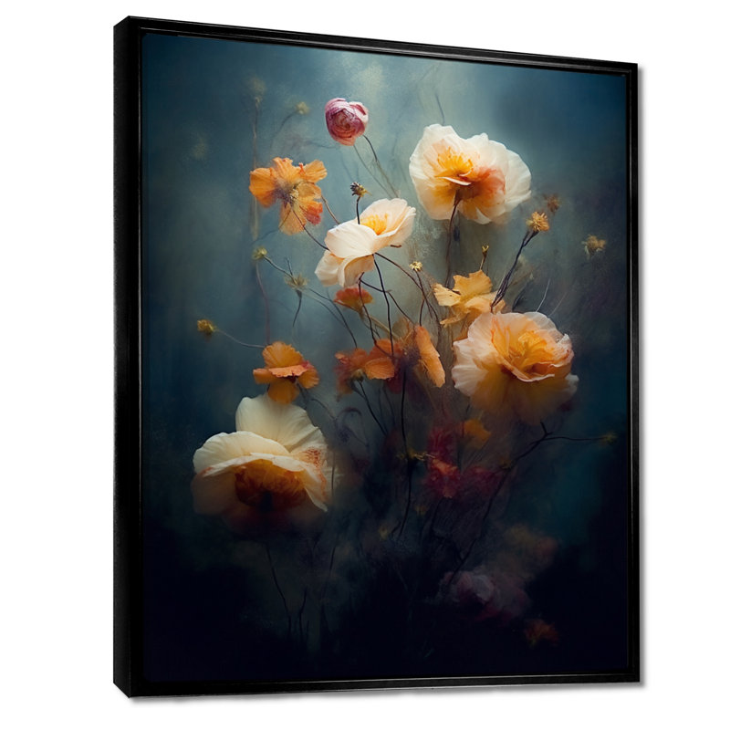 «Dreamy Spring Flowers Vintage Blue - Wildflowers», art mural, Toile avec cadre flottant noir, H 20 po x l 12 po x P 1 po