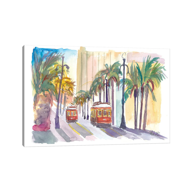Street Cars In New Orleans Louisiana With Palms by Markus & Martina Bleichner - Wrapped Canvas Gallery-Wrapped Canvas Giclée