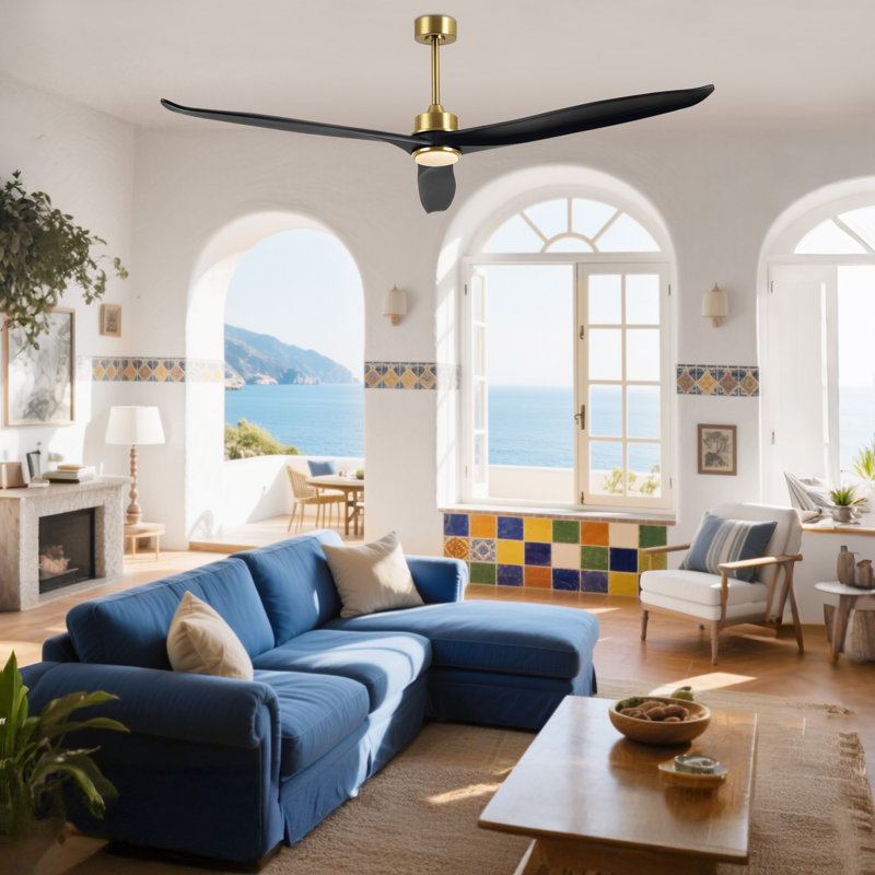 Ventilateur de plafond à 72 pales en bois massif 72 po avec lumière DEL et télécommande, Noir