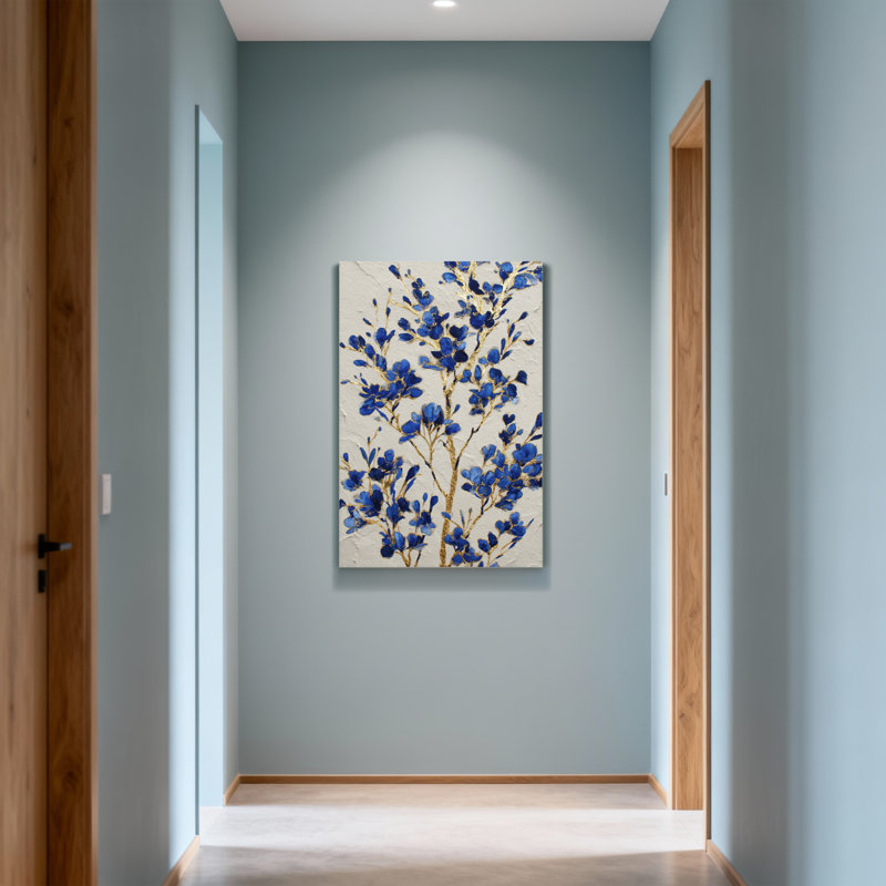 Plantes et fleurs, branches florales bleues avec accents dorés, H 20 po x l 30 po