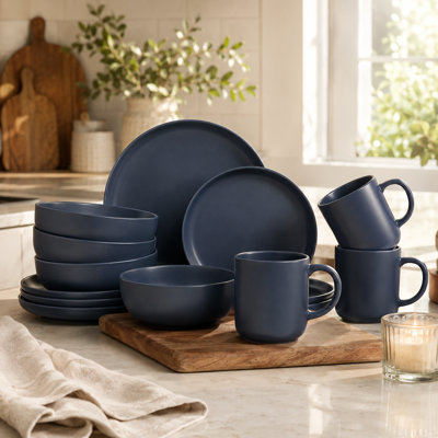 Ensemble de salle à manger bleu pour trois personnes comprenant 12 pièces de vaisselle en pierre mate avec une tasse, un lave-vaisselle à micro-ondes, un bol et des assiettes émaillés non toxiques et faciles à empiler