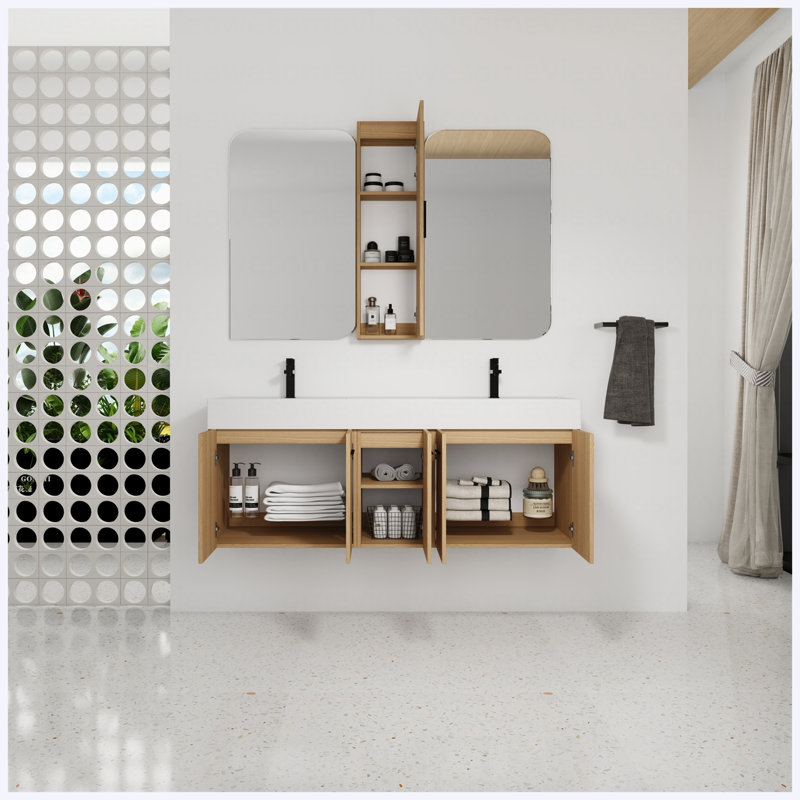 Ensemble de meuble-lavabo à double cuve flottante 60 po avec armoire à linge haute 60 po, fabrication en contreplaqué de chêne clair, très grand rangement, lavabos intégrés en résine, portes à fermeture en douceur