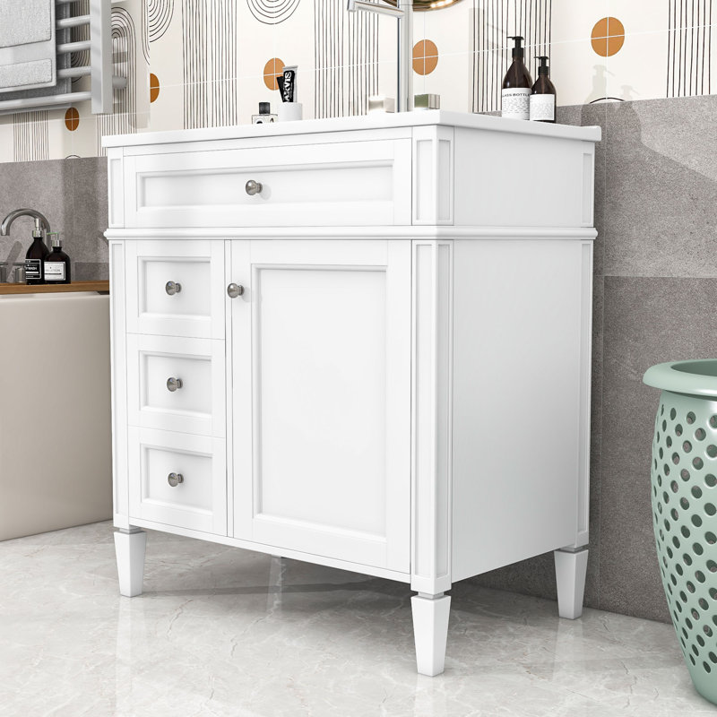 Meuble-lavabo de salle de bain avec lavabo supérieur, 2 tiroirs et un tiroir basculant, Blanc