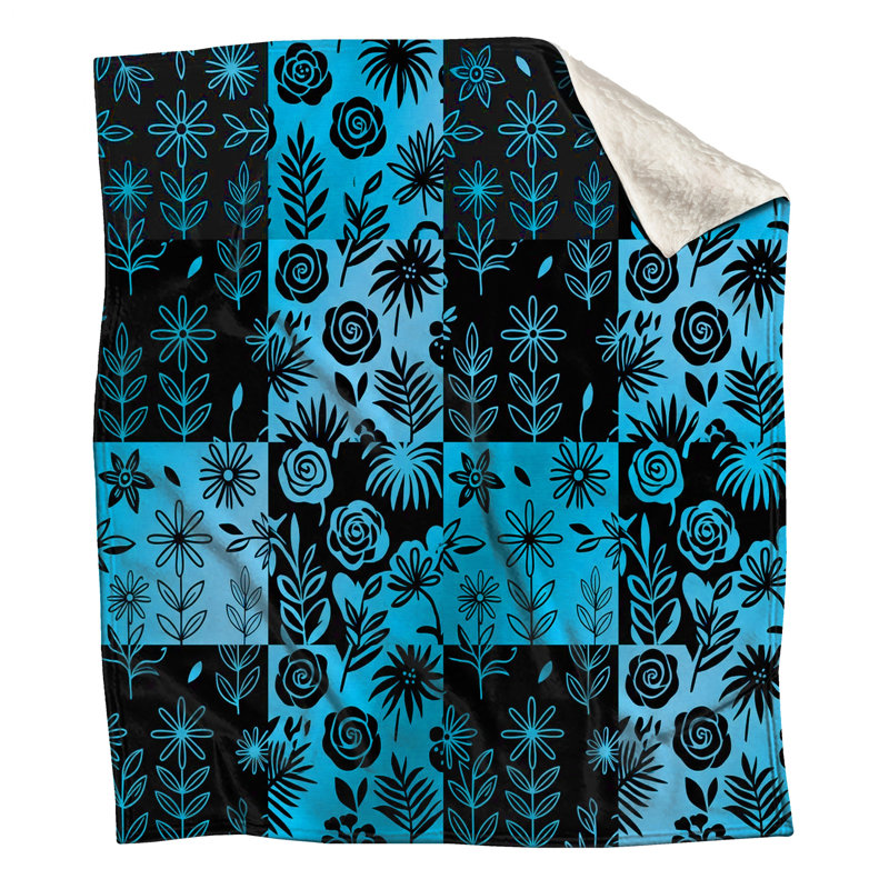 Blue Black Floral Pattern Blankets, 50in W x 60in H