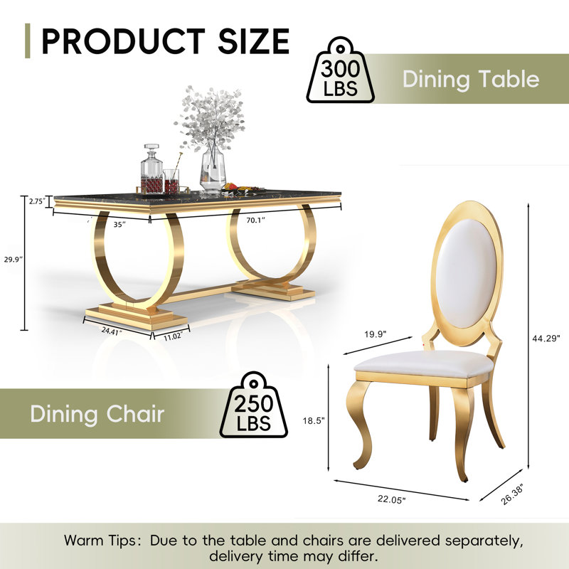 7-Piece Dining Set with Faux Marble Tabletop and Stainless Steel Chairs – Modern Dining Table Set for 6, Black/Gold/White