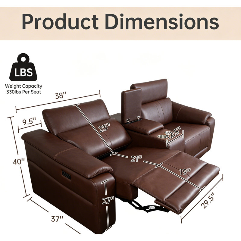 Canapé d'angle moderne brun foncé 3 sections avec 2 porte-gobelets et fauteuil inclinable électrique réglable, confortable et idéal pour le salon. Ses supports intégrés et ses sièges inclinables en mousse haute densité en font un meuble idéal pour les petits espaces.