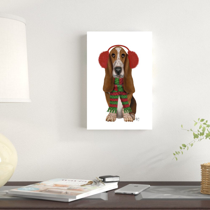 «Christmas Des - Basset hound and Ear Muff» par Fab Funky - impression sur toile tendue, H 12 po x l 8 po