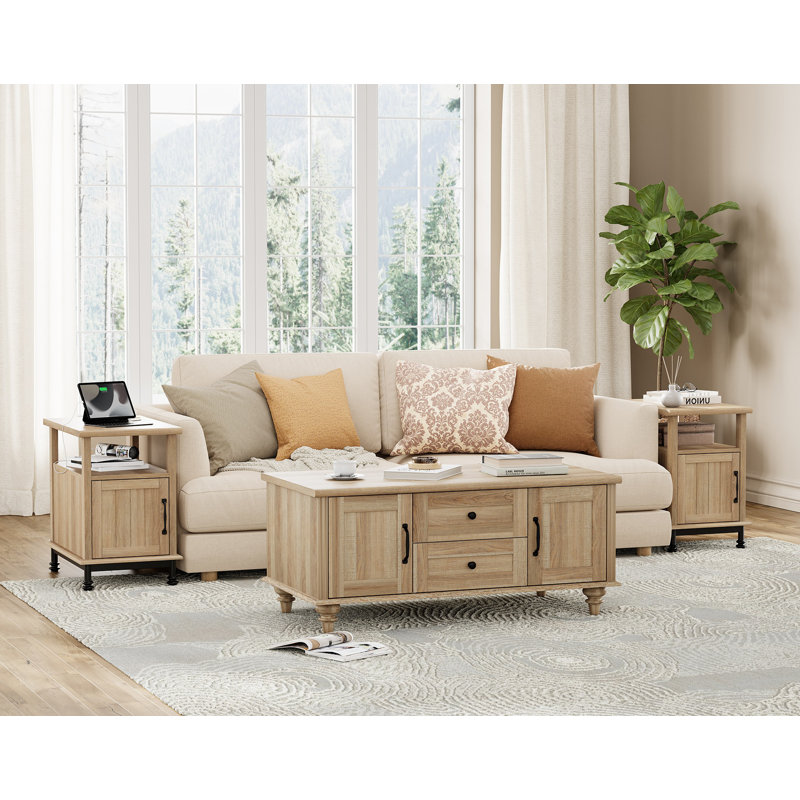 Modern End Tables With Charging Station, Set of 2, Oak/Oak
