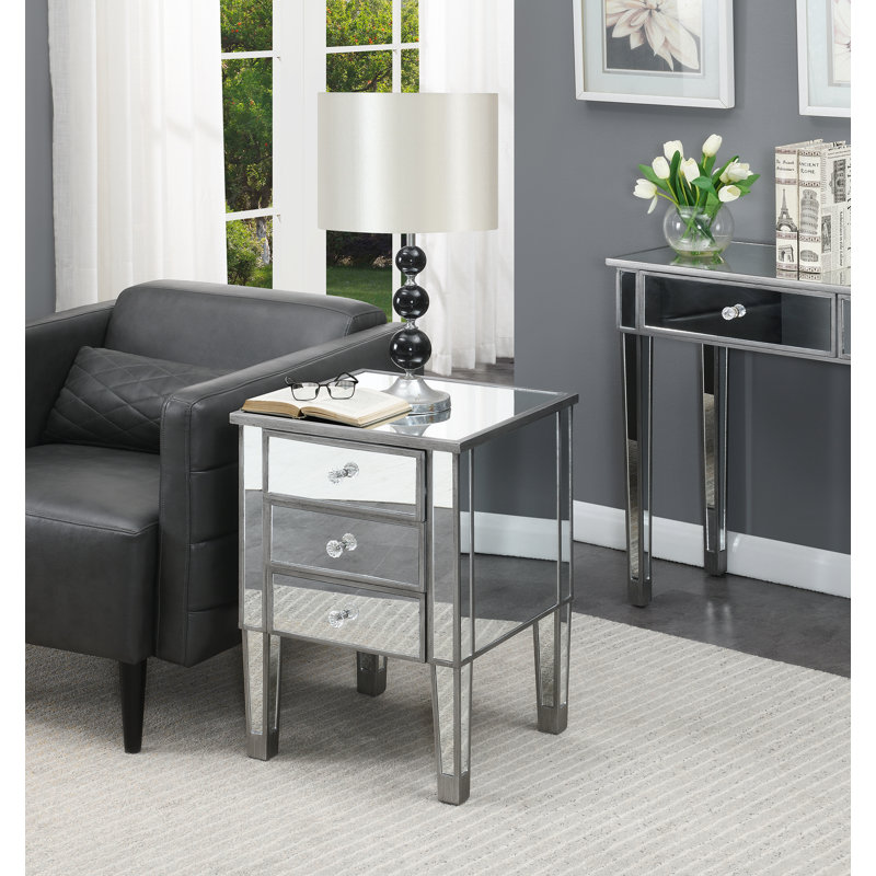 Wiscasset Mirrored Glass Top 3 - Drawer End Table, Antique Silver