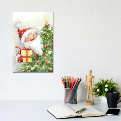 Santa Behind Tree by MAKIKO - Wrapped Canvas Print