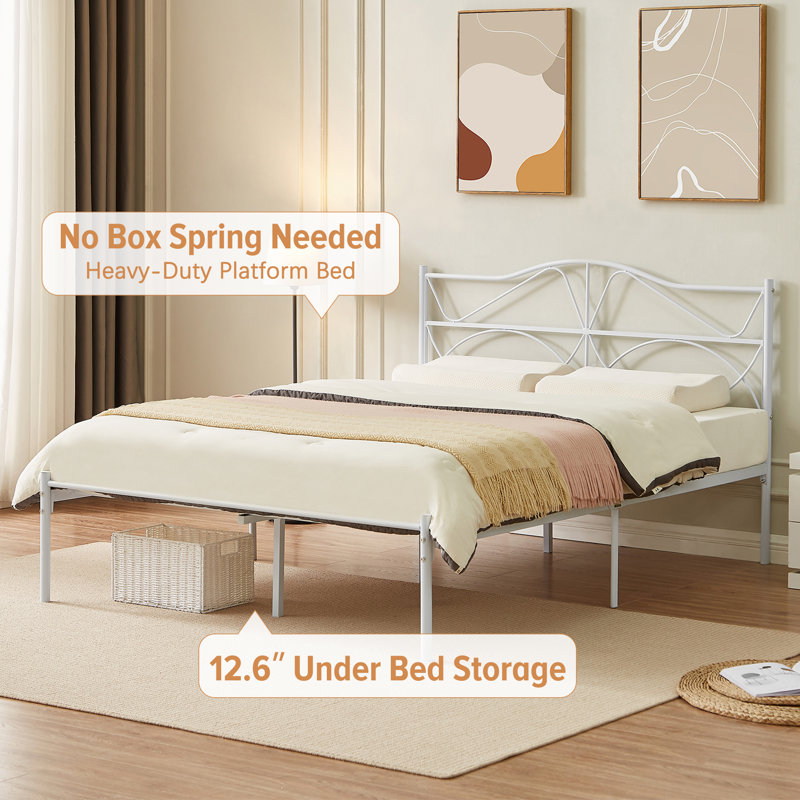 Metal Bed Frame with Headboard Heavy Duty Strong Steel Slat Support Platform Full Size Bed No Box Spring Needed, Easy Assembly, White