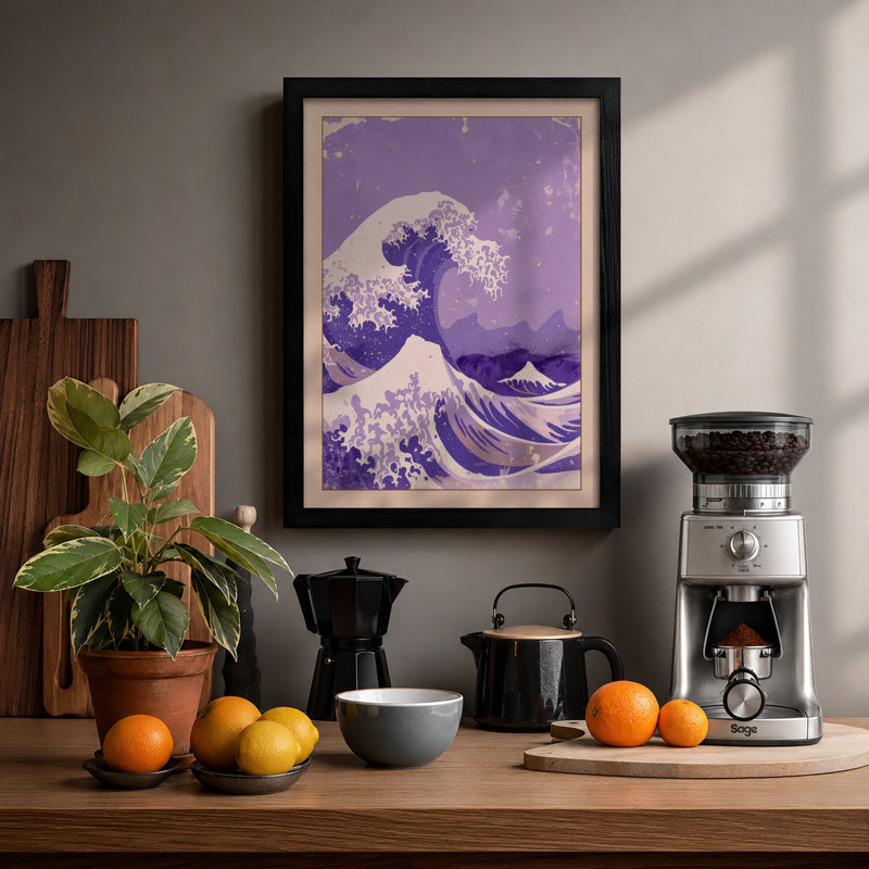 Purple Wave and Mountain Japandi - Framed Print, A1 - 84.1 x 59.4 cm, Black