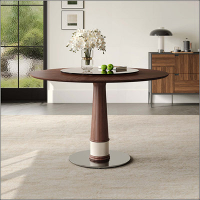Table de salle à manger ronde en bois massif avec plateau tournant en verre trempé, base en acier inoxydable pour espaces modernes et rétro