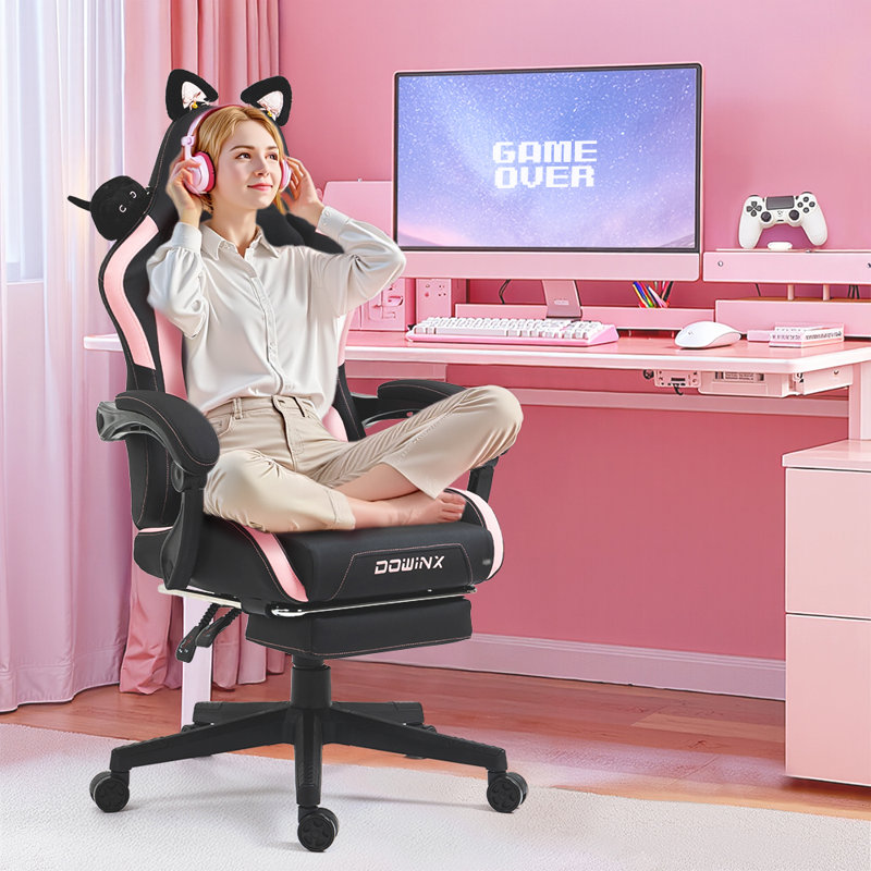 Fauteuil de jeu de course et de course inclinable, réglable et ergonomique en cuir avec repose-pieds, Noir / rose