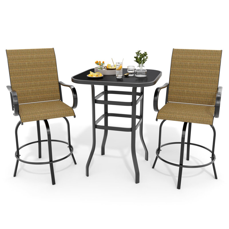 3 Piece Patio Swivel Bar Sets, 3PCS Outdoor High Top Bar Set With 2 Outdoor Swivel Chairs And Glass Bar Table, Gold