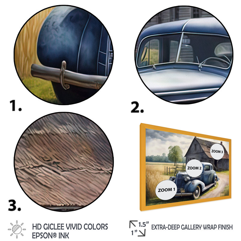 Vieille voiture bleue à la grange - peinture sur toile, H 24 po x l 32 po x P 1 po, Impression dorée sur toile encadrée