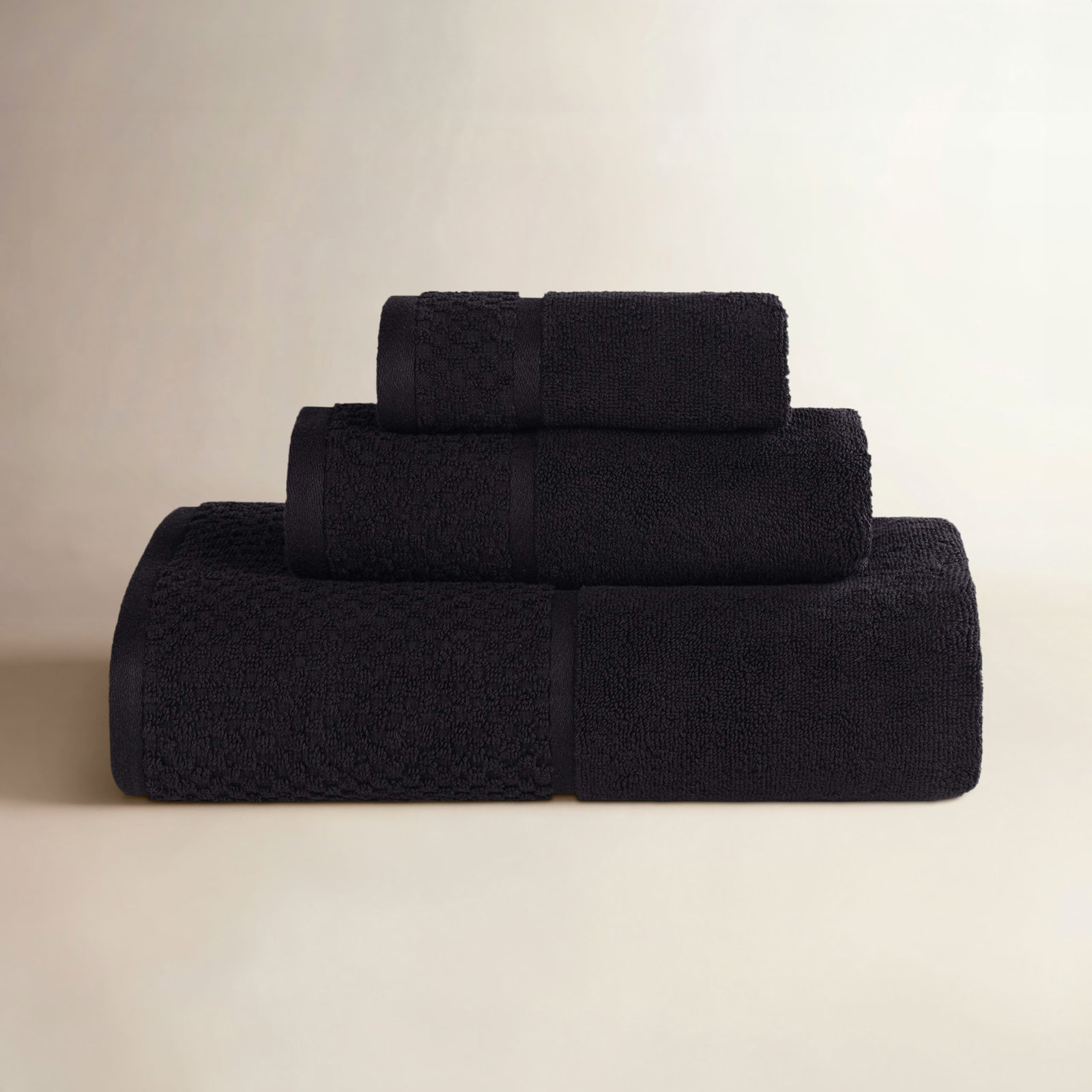 3-Piece Jacquard Cotton Towel Set, Black/Ivory