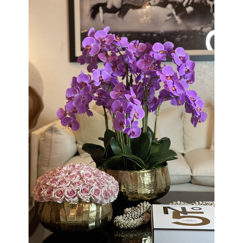 Roberi Gold Bowl With Light Purple Orchids, Light Purple