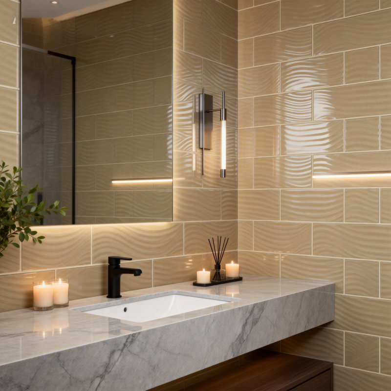 Pacific 4 in. x 12 in. Textured Glass Straight Edge Subway Decorative Kitchen & Bathroom Wall Tile, Sepia