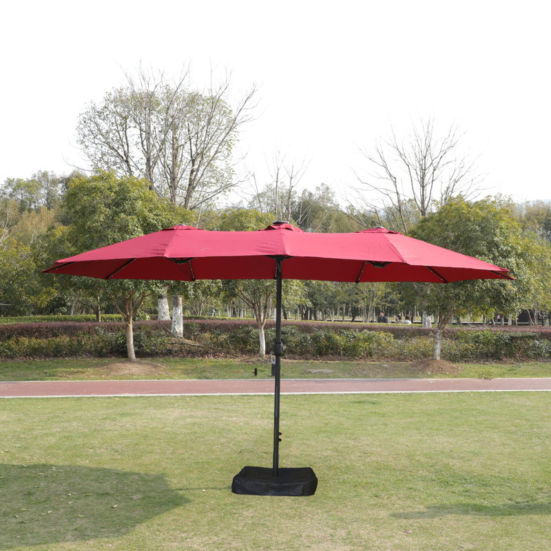 Parasol de patio extérieur double 15X9pi avec base - rouge. Très grand abat-jour pour la cour, la plage. Auvent, construction, manivelle facile, fonction d'évent