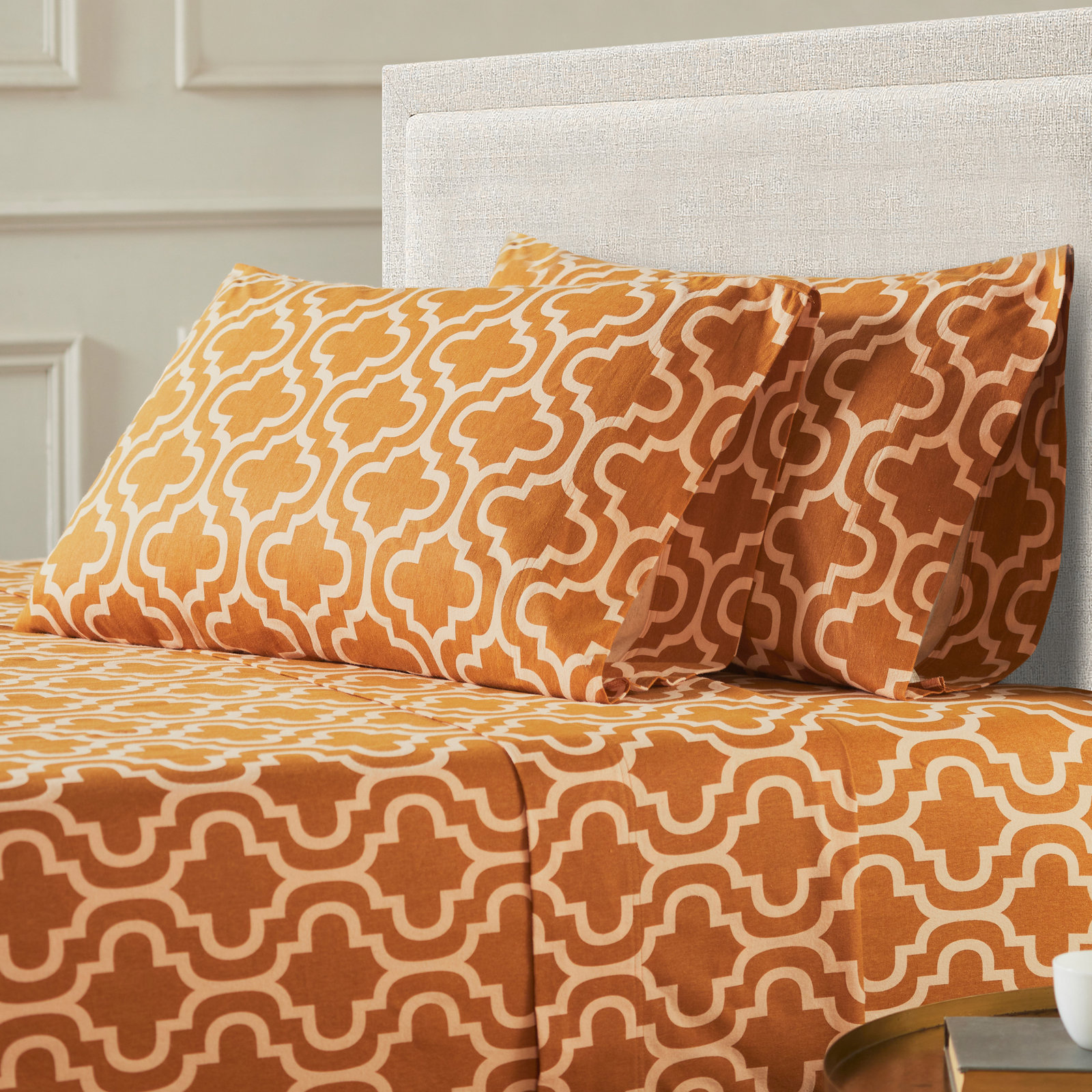 All-Season Breathable 100% Cotton Flannel Pillowcase Set, King, Pumpkin Trellis