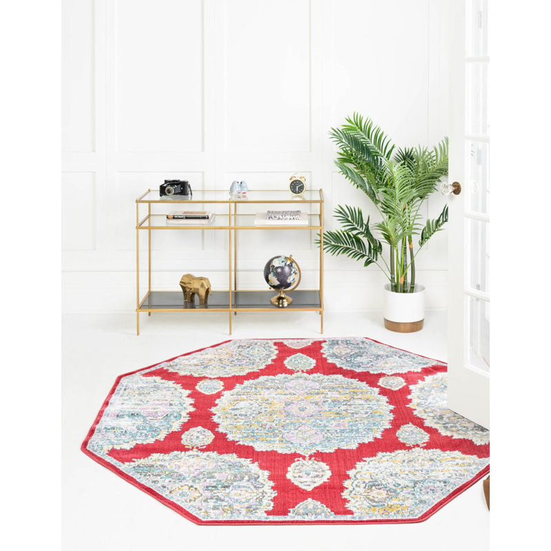 Tapis oriental en polypropylène tissé à la machine en rouge / gris / bleu, Octogone 4 pi