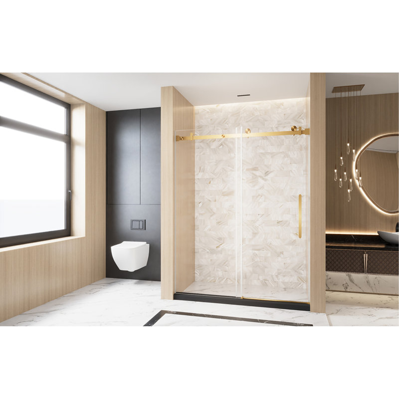 Frameless Single sliding shower door  56-60 "W x 76" H, 1/4 "(6 mm) Clear Tempered Glass, Explosion Proof Film, Stainless Steel Handle Square Tube Track ,Brushed Gold