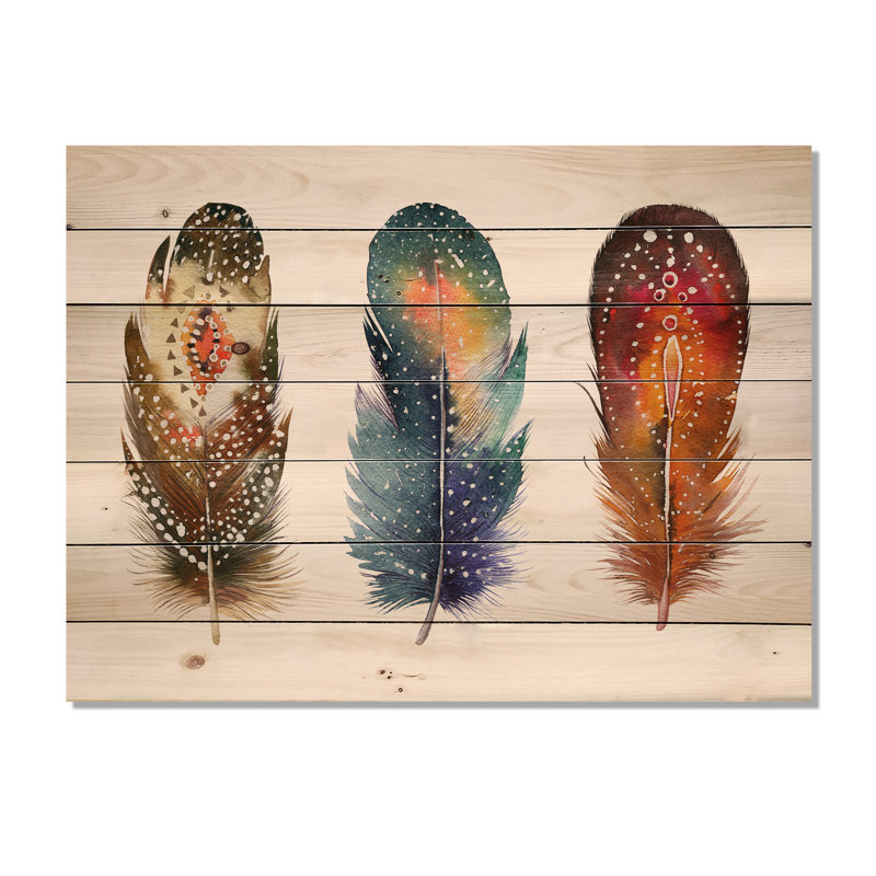 Ensemble de plumes colorées Boho - reproduction bohémienne et éclectique sur bois de pin naturel