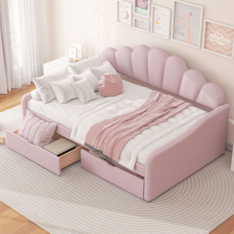Structure de lit de jour double rembourrée avec dossier en forme de petite taille et 2 tiroirs, rose, Rose