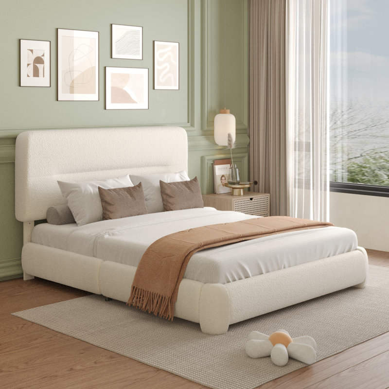 Haden Lambswool Boucle Upholstered Platform Bed Frame with Adjustable Headboard, Beige, Queen