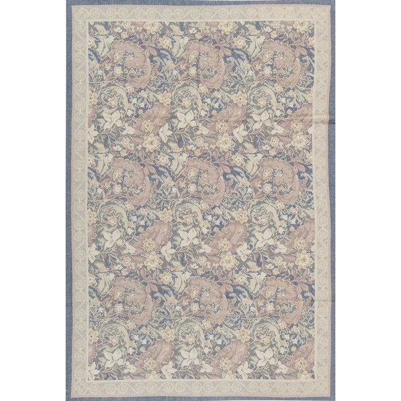 Tapis beige et bleu noué à la main de haute qualité