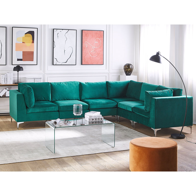 Ester 6 Seater Velvet Corner Sofa , Green, Right Hand Facing
