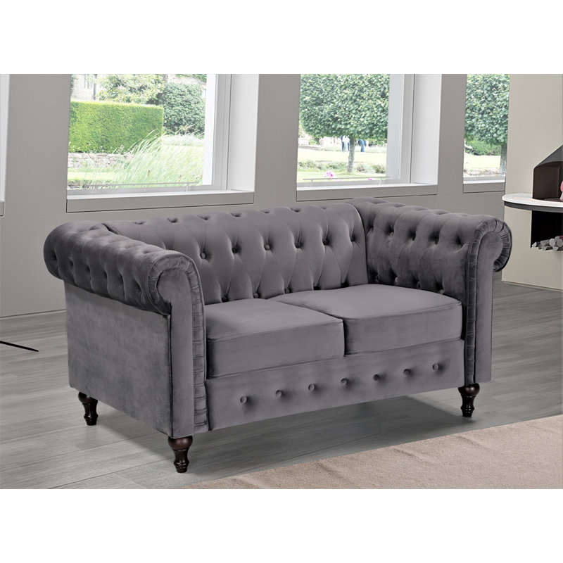 Ariclia 61.02" Round Arm Chesterfield Loveseat, Gray Velvet