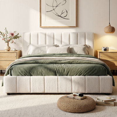 Boucle Upholstered Platform Bed Frame with Thick 4-Inch Headboard, Vertical Tufted Soft Fabric Bed, Minimalist Modern Design, Sturdy Wood Slats, No Box Spring Needed, 800 lb Capacity