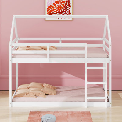 Wood Floor House-Shaped-Bunk Bed, With Ladder,Guardrails by Harper Orchard
