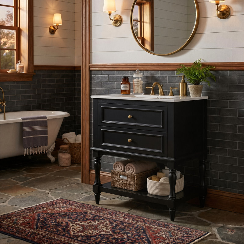 24-Inch Modern Retro Zoey With Sink, Compact Luxury Cabinet With Tip-Out Drawer, Deep Drawer And Lower Shelf, Black / Gold