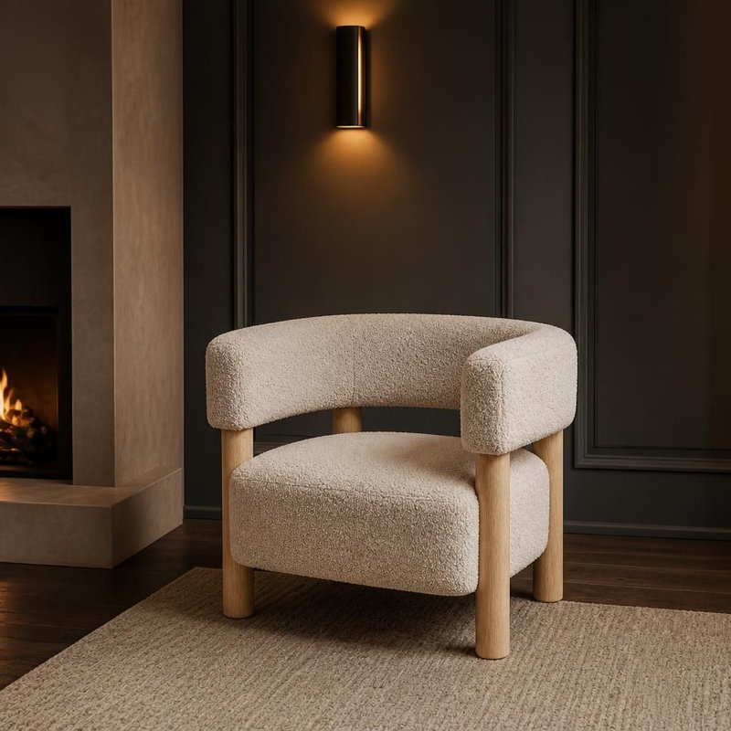 Fauteuil d'appoint rembourré Soft Boucle avec structure en bois d'hévéa robuste, pieds cylindriques épais et coussin à ressorts moelleux