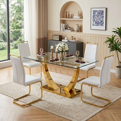 Rheese Set of 4 Modern Faux Leather Dining Chairs with Gold Metal Base and Handles